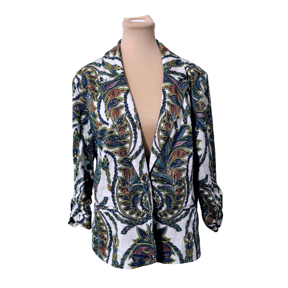 NY Collection Womens Blazer XL Paisley Print Ruched Sleeve White Blue Artsy Boho